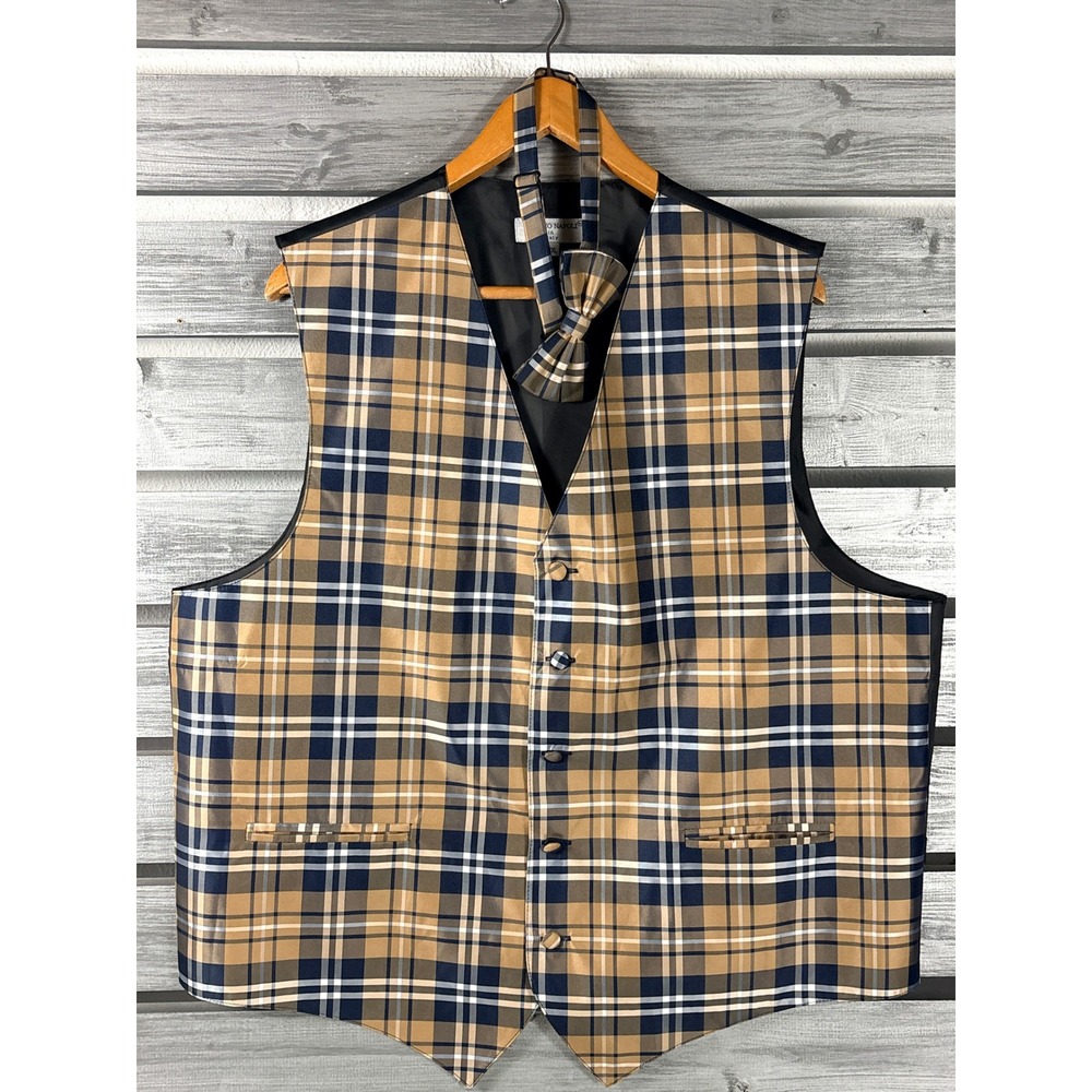 Vesuvio Napoli Mens XXL Plaid Vest and Bow Tie Tan Navy Formal Italy NWOT